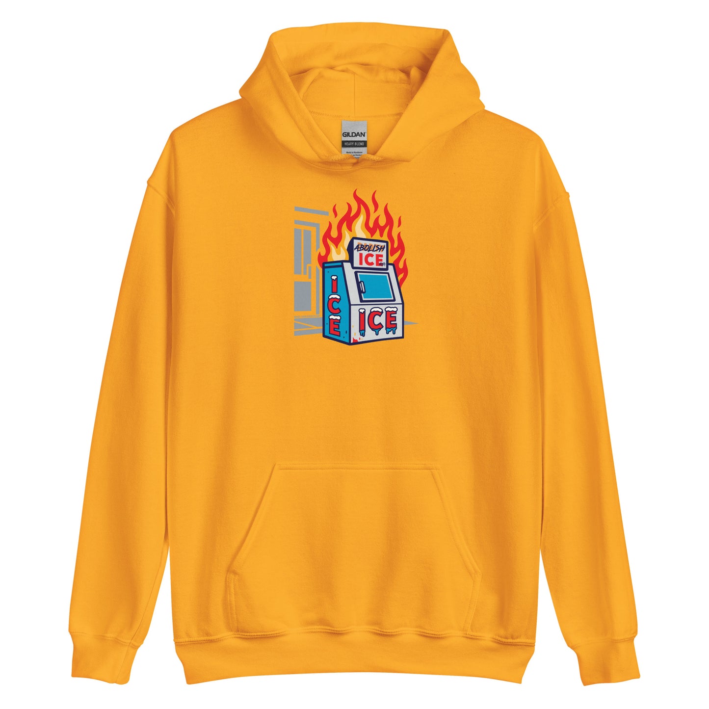 Gold Abolice ICE Unisex Pullover Hoodie with bold anti-ICE flaming machine design. Eye-catching streetwear for justice and warmth.