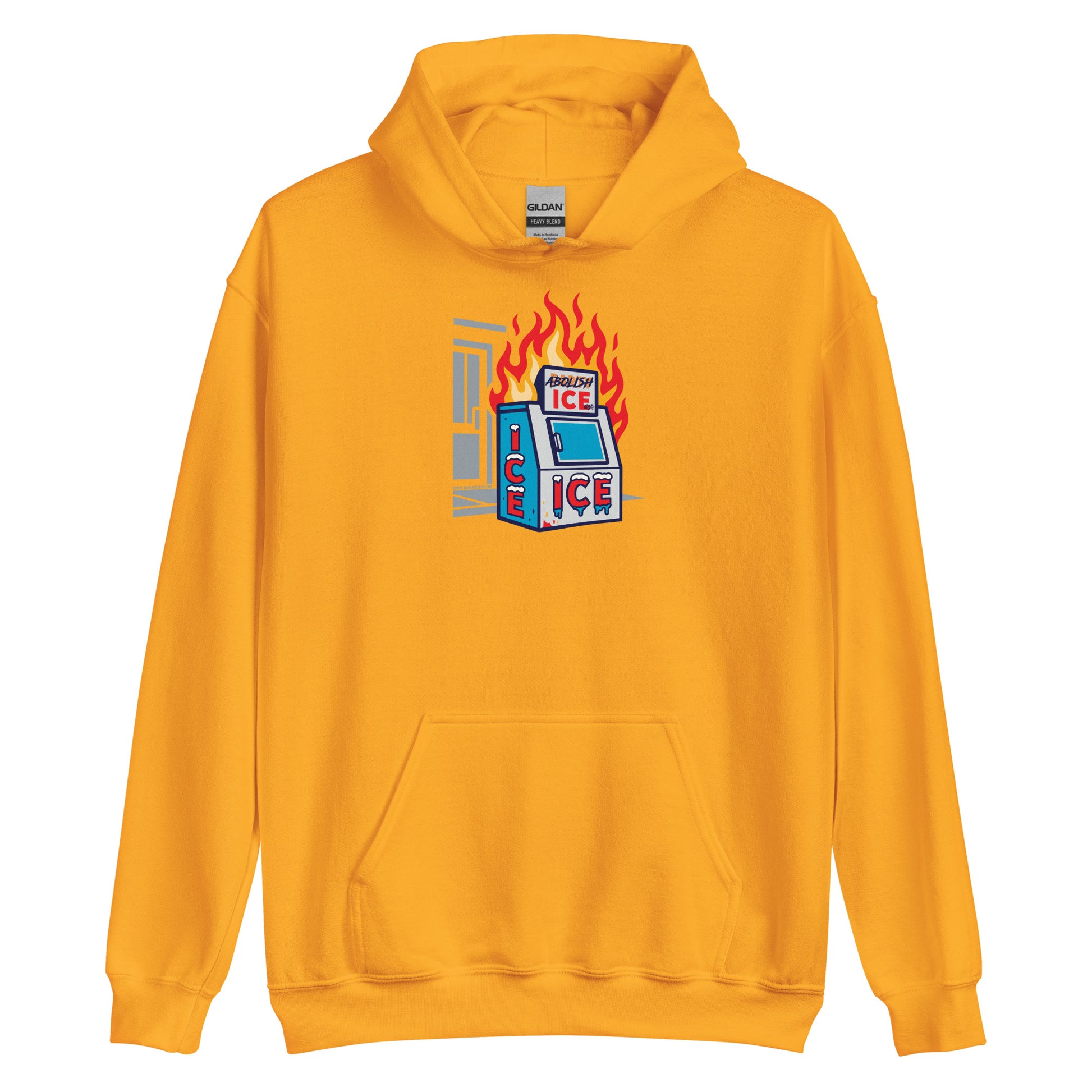 Gold Abolice ICE Unisex Pullover Hoodie with bold anti-ICE flaming machine design. Eye-catching streetwear for justice and warmth.
