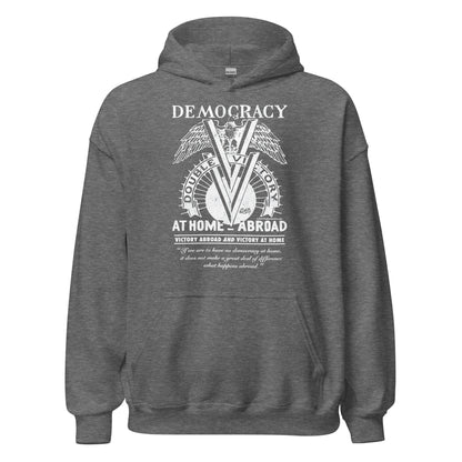 Heather gray Double V Campaign WWII Black Soldiers Hoodie featuring historic double victory emblem and civil rights message.