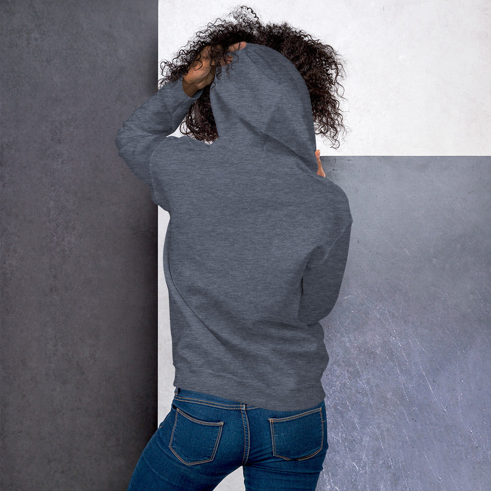 Back view of gray hoodie with hood up