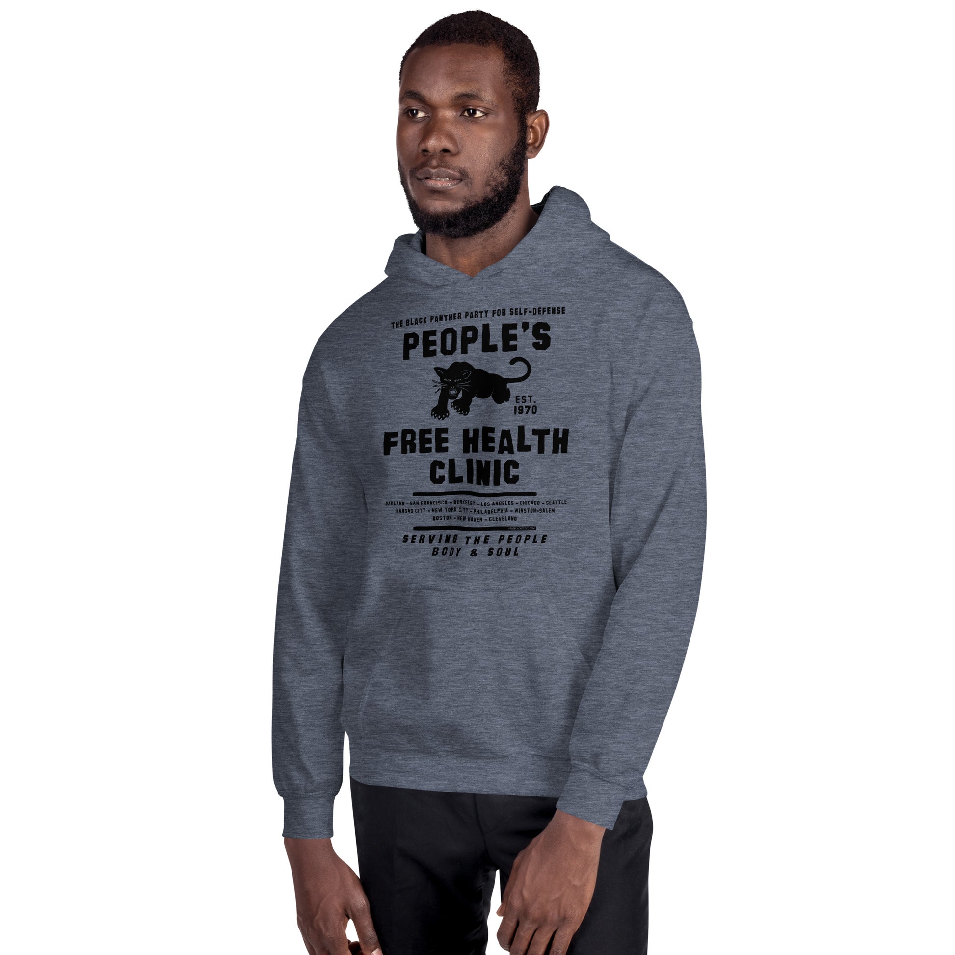 Man wearing People's Free Health Clinic gray hoodie