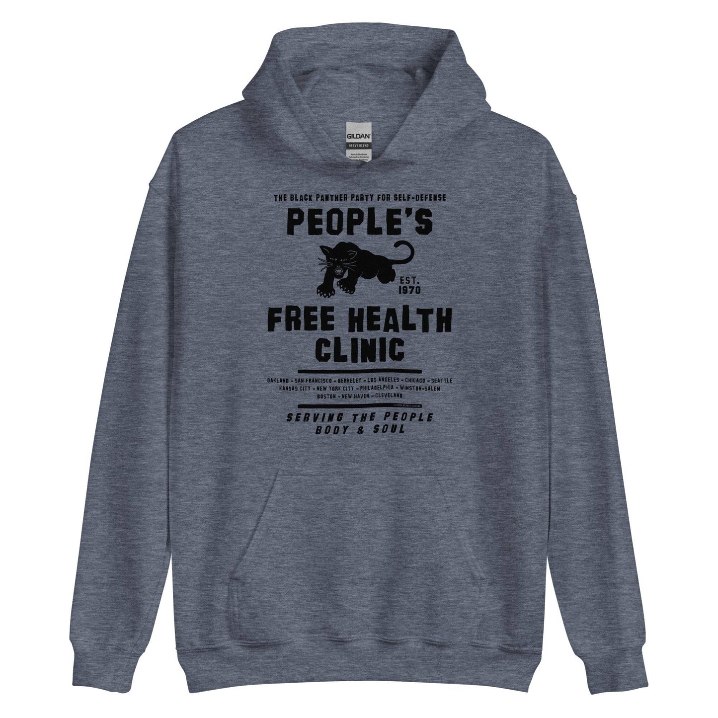 Gray unisex hoodie with People's Free Health Clinic design