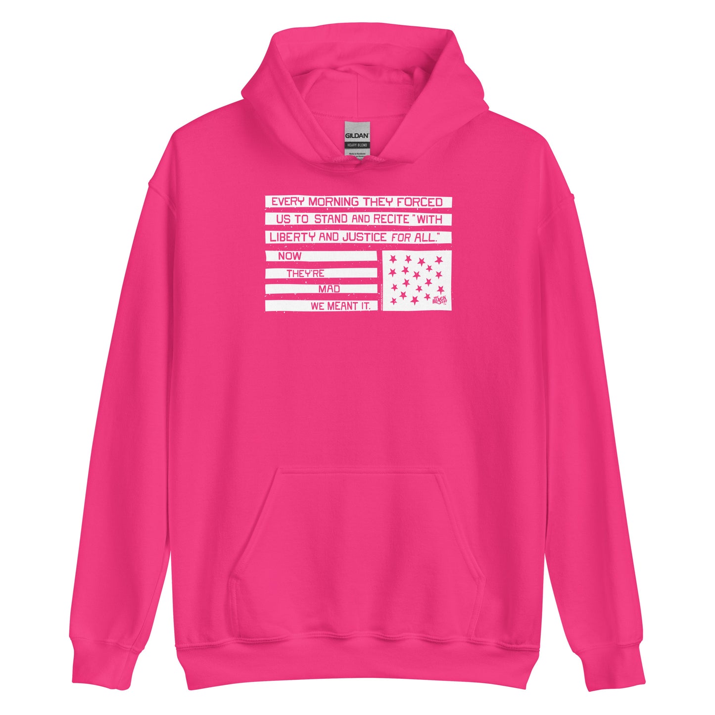 Pink hoodie with black and white flag graphic, Now They're Mad We Meant It