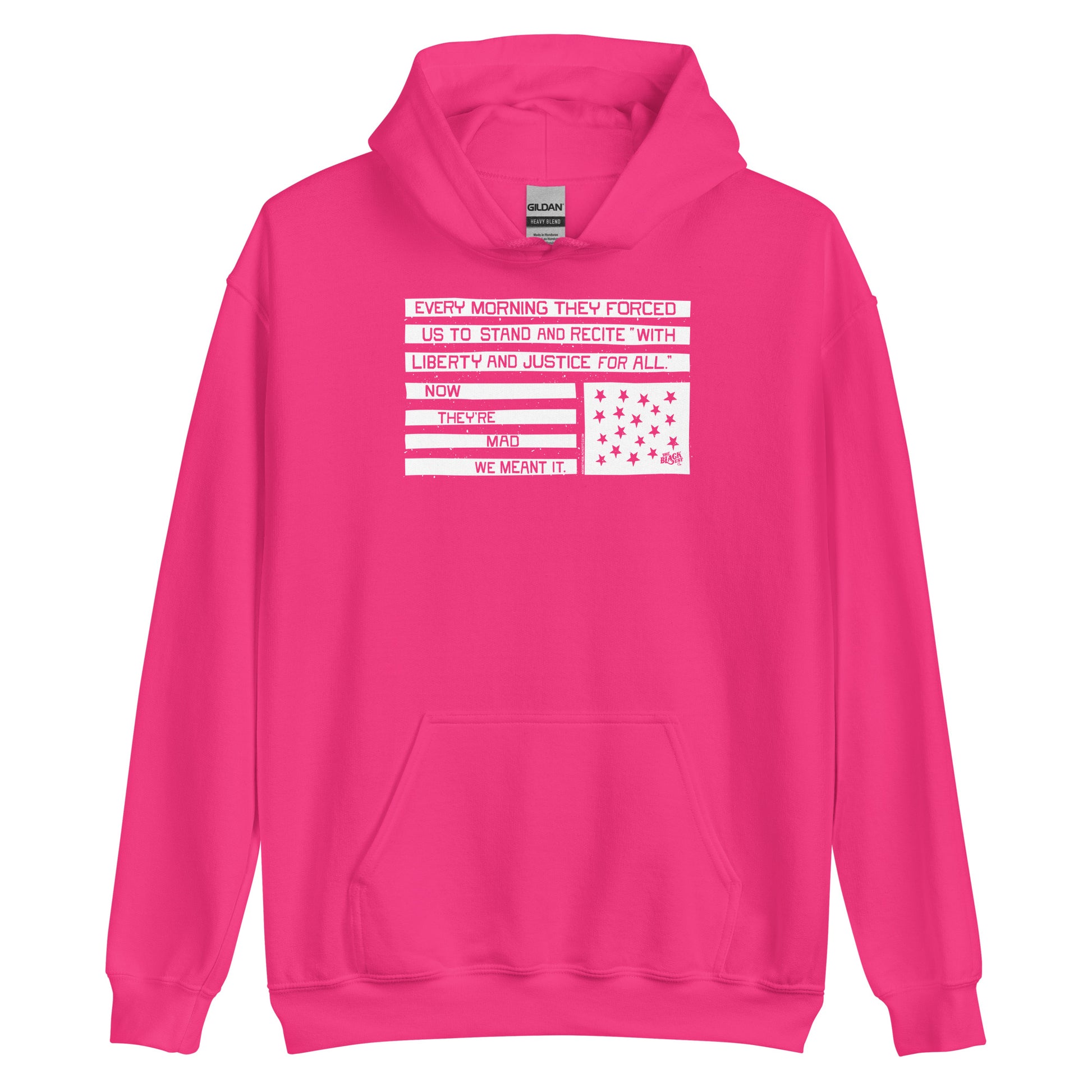 Pink hoodie with black and white flag graphic, Now They're Mad We Meant It