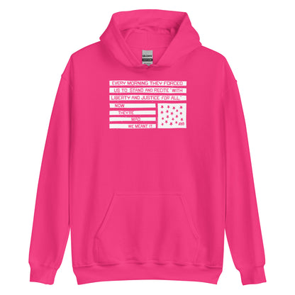 Pink hoodie with black and white flag graphic, Now They're Mad We Meant It