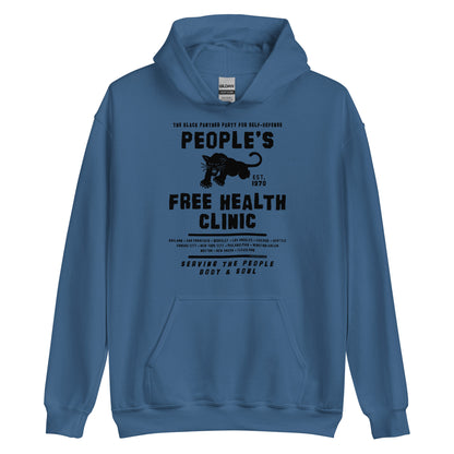 Blue unisex hoodie with People's Free Health Clinic design