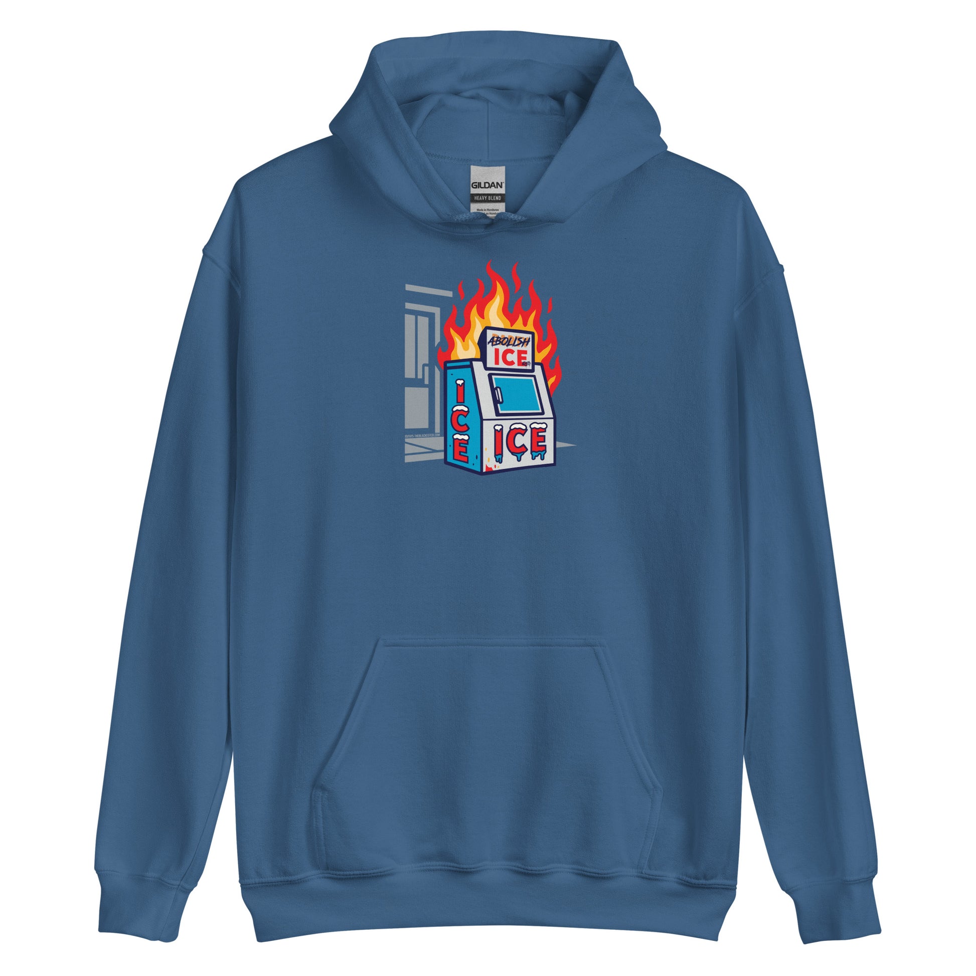 Blue Abolice ICE Unisex Hoodie featuring a graphic ICE machine in flames. Soft activist pullover for bold political streetwear.