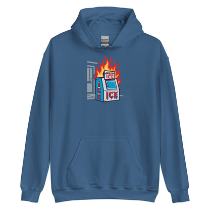 Blue Abolice ICE Unisex Hoodie featuring a graphic ICE machine in flames. Soft activist pullover for bold political streetwear.