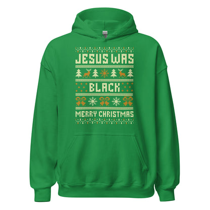 Bright green Jesus Was Black Merry Christmas Unisex Hoodie by TheBlackest Co., festive pullover with cultural statement for holiday wear.