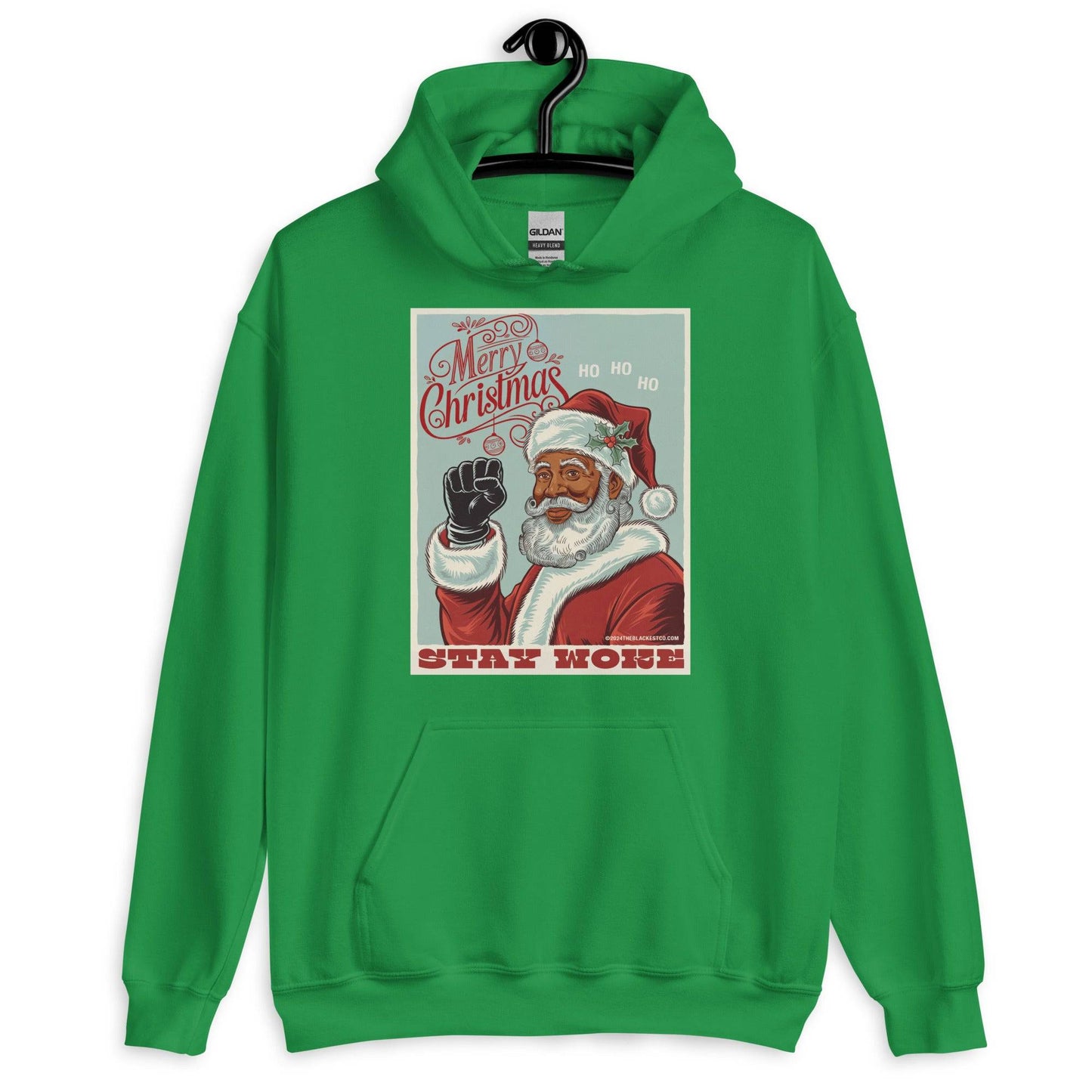 Green Black Santa Stay Woke Unisex Hoodie on hanger, combining festive color with empowering holiday design for cultural representation.
