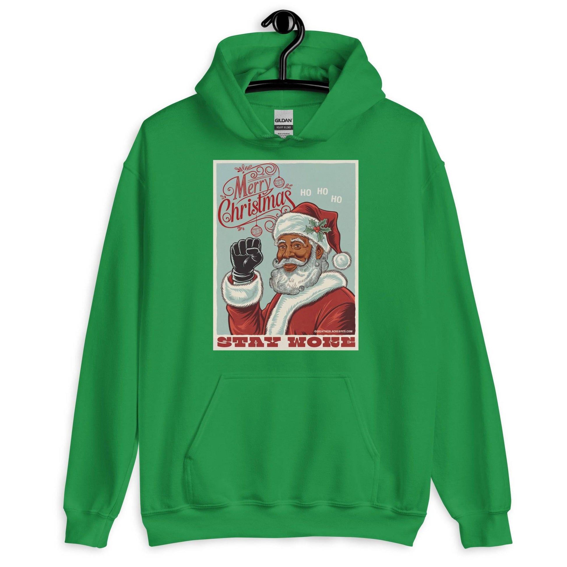 Green Black Santa Stay Woke Unisex Hoodie on hanger, combining festive color with empowering holiday design for cultural representation.