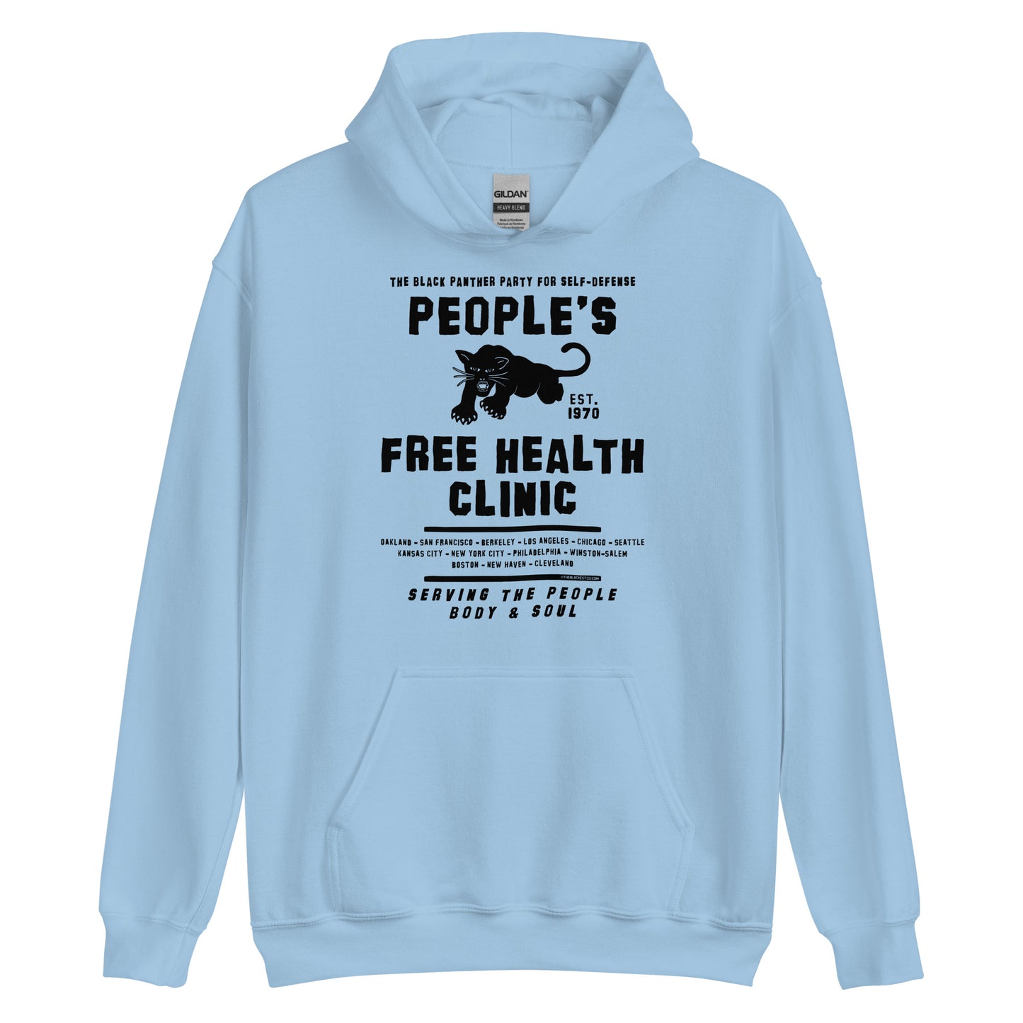 Light blue unisex hoodie with People's Free Health Clinic design