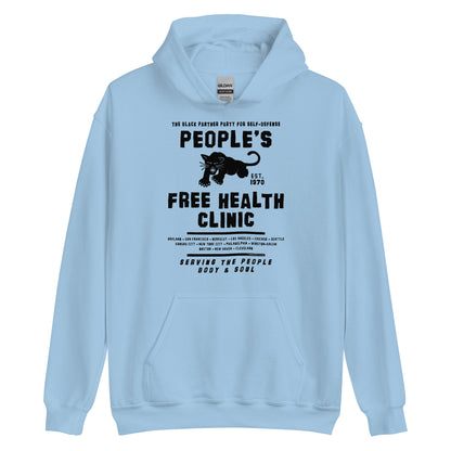 Light blue unisex hoodie with People's Free Health Clinic design