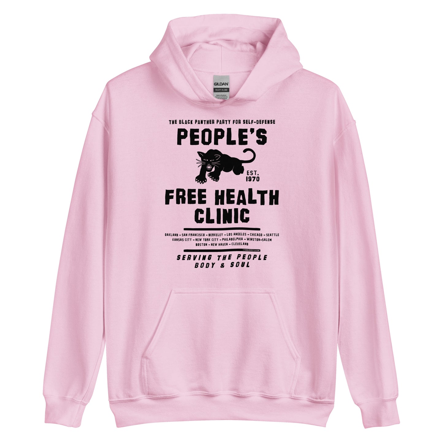 Pink unisex hoodie with People's Free Health Clinic design