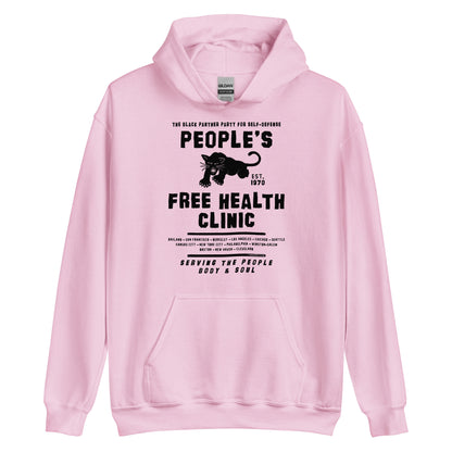 Pink unisex hoodie with People's Free Health Clinic design