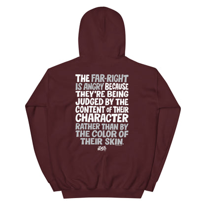 Maroon Why The Far Right Is Angry Hoodie by TheBlackest Co. with impactful back print message, unisex cotton-poly blend hoodie.