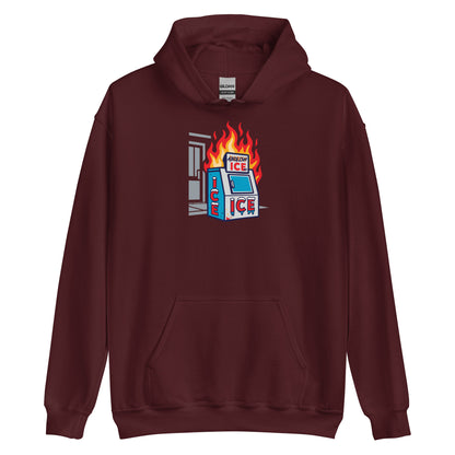 Maroon Abolice ICE Unisex Hoodie with bold graphic of ICE machine on fire. Soft pullover for activist streetwear and cold weather.