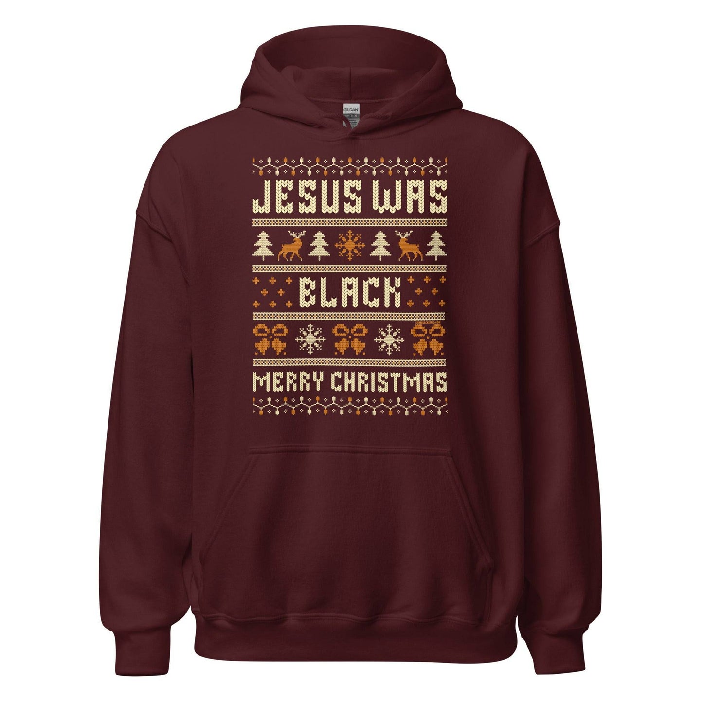 Maroon Jesus Was Black Merry Christmas Unisex Hoodie by TheBlackest Co., perfect for festive winter wear with a cultural twist.