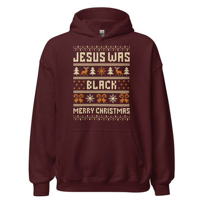 Maroon Jesus Was Black Merry Christmas Unisex Hoodie by TheBlackest Co., perfect for festive winter wear with a cultural twist.