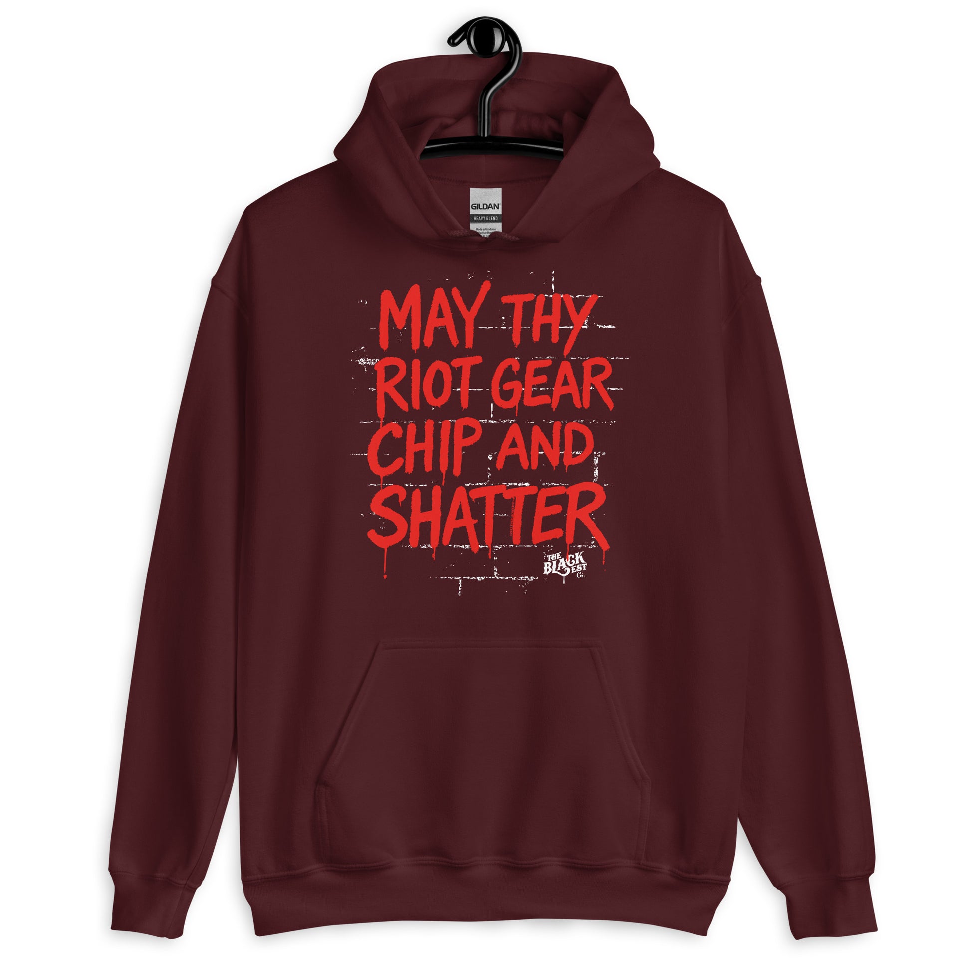 Maroon May Thy Riot Gear Chip And Shatter Unisex Hoodie by TheBlackest Co. with striking red protest text, ideal for statement-making cold weather fashion.