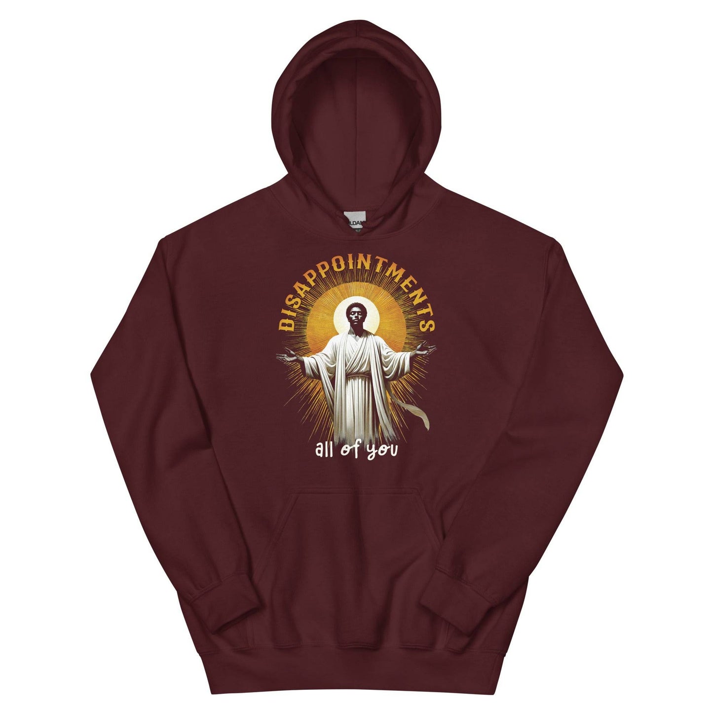 Maroon hoodie with Black Jesus graphic and Disappointments All of You text, stylish religious streetwear