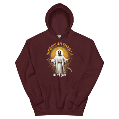 Maroon hoodie with Black Jesus graphic and Disappointments All of You text, stylish religious streetwear