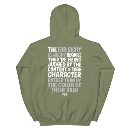 Sage green Why The Far Right Is Angry Hoodie by TheBlackest Co. with impactful back print, soft and durable unisex streetwear hoodie.