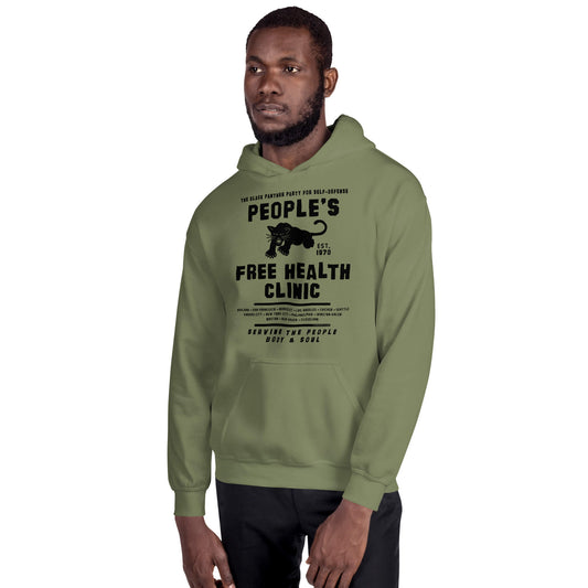 Olive green unisex pullover hoodie featuring 'People's Free Health Clinic' text and Black Panther Party logo. Comfortable and stylish for cool weather.