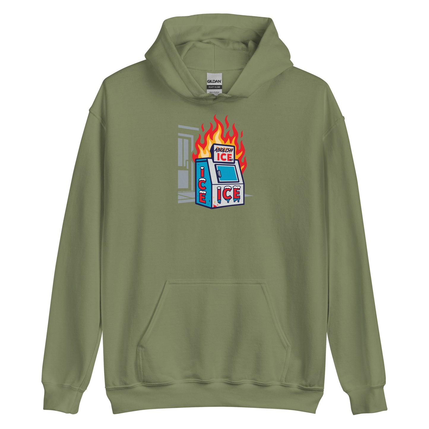 Sage green Abolice ICE Unisex Pullover Hoodie with burning ICE machine artwork. Unisex statement hoodie for social justice support.