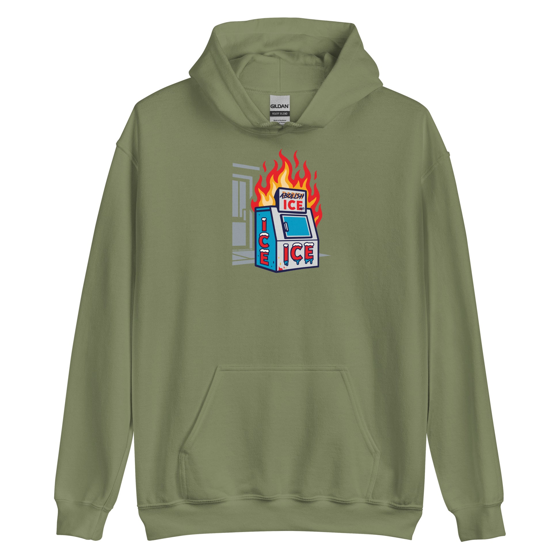 Sage green Abolice ICE Unisex Pullover Hoodie with burning ICE machine artwork. Unisex statement hoodie for social justice support.