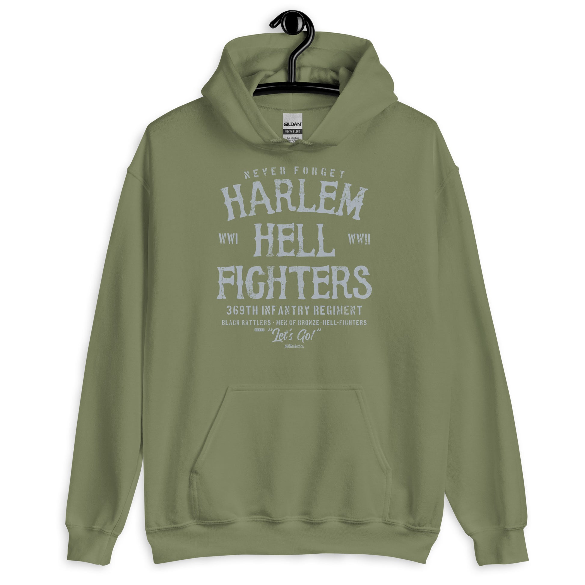 Olive green Harlem Hellfighter Black Soldiers Staple Unisex Hoodie with vintage military design and cozy pullover style.
