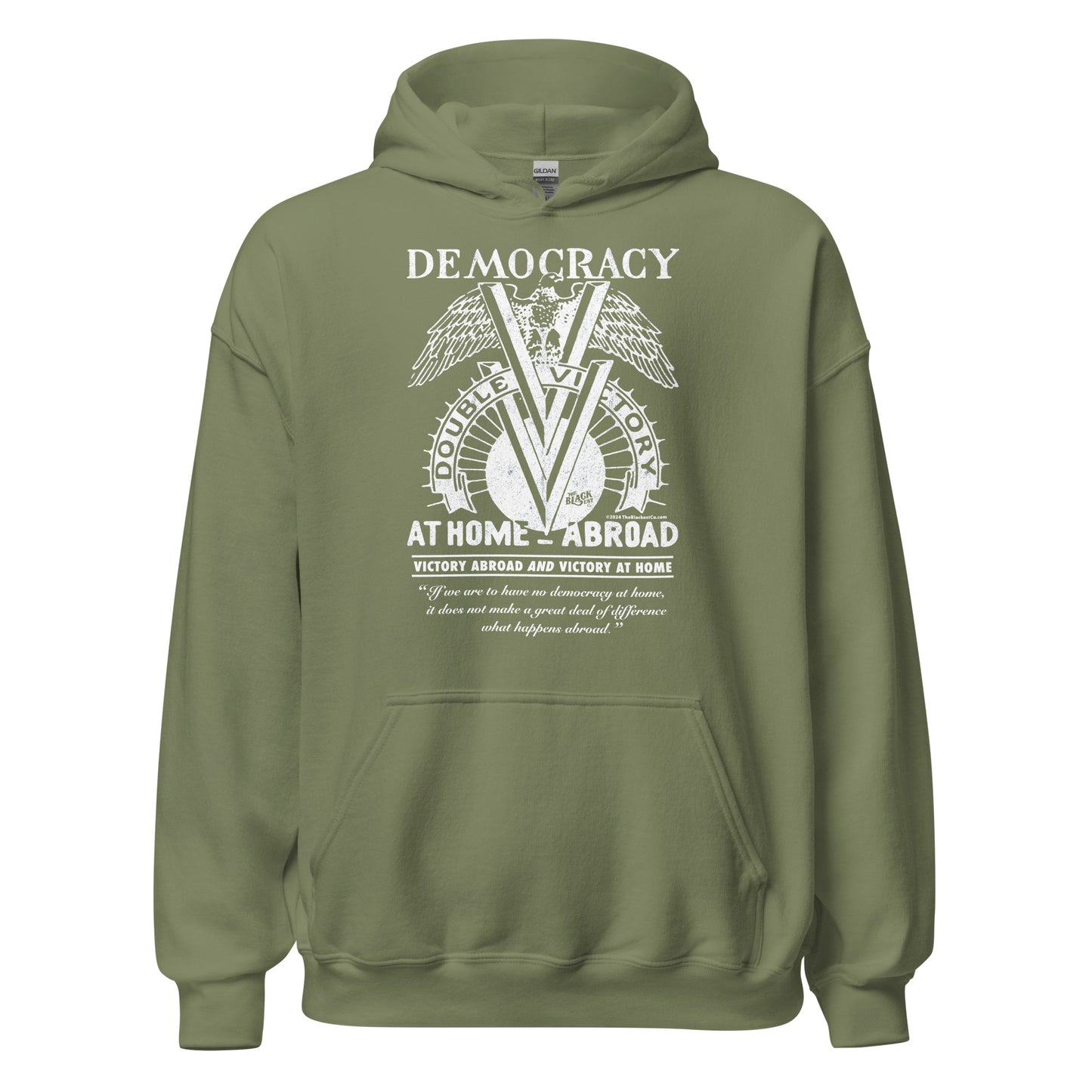 Military green Double V Campaign WWII Black Soldiers Hoodie with bold white print honoring Black soldiers' WWII contributions.