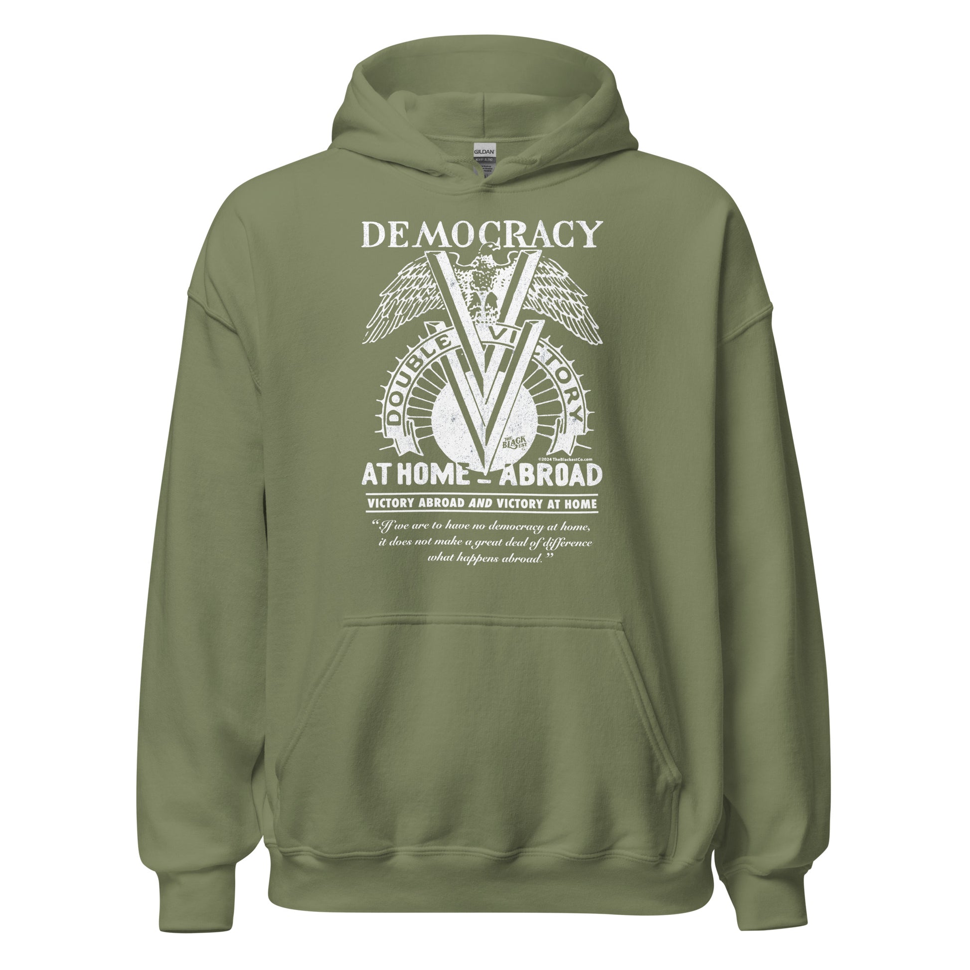 Military green Double V Campaign WWII Black Soldiers Hoodie with bold white print honoring Black soldiers' WWII contributions.
