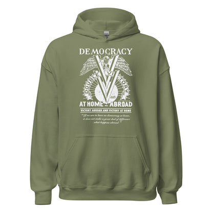 Military green Double V Campaign WWII Black Soldiers Hoodie with bold white print honoring Black soldiers' WWII contributions.