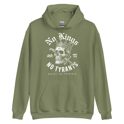 Sage green No Kings No Tyrants Skull Protest Hoodie by TheBlackest Co., unisex pullover with white skull crown graphic and resistance theme.