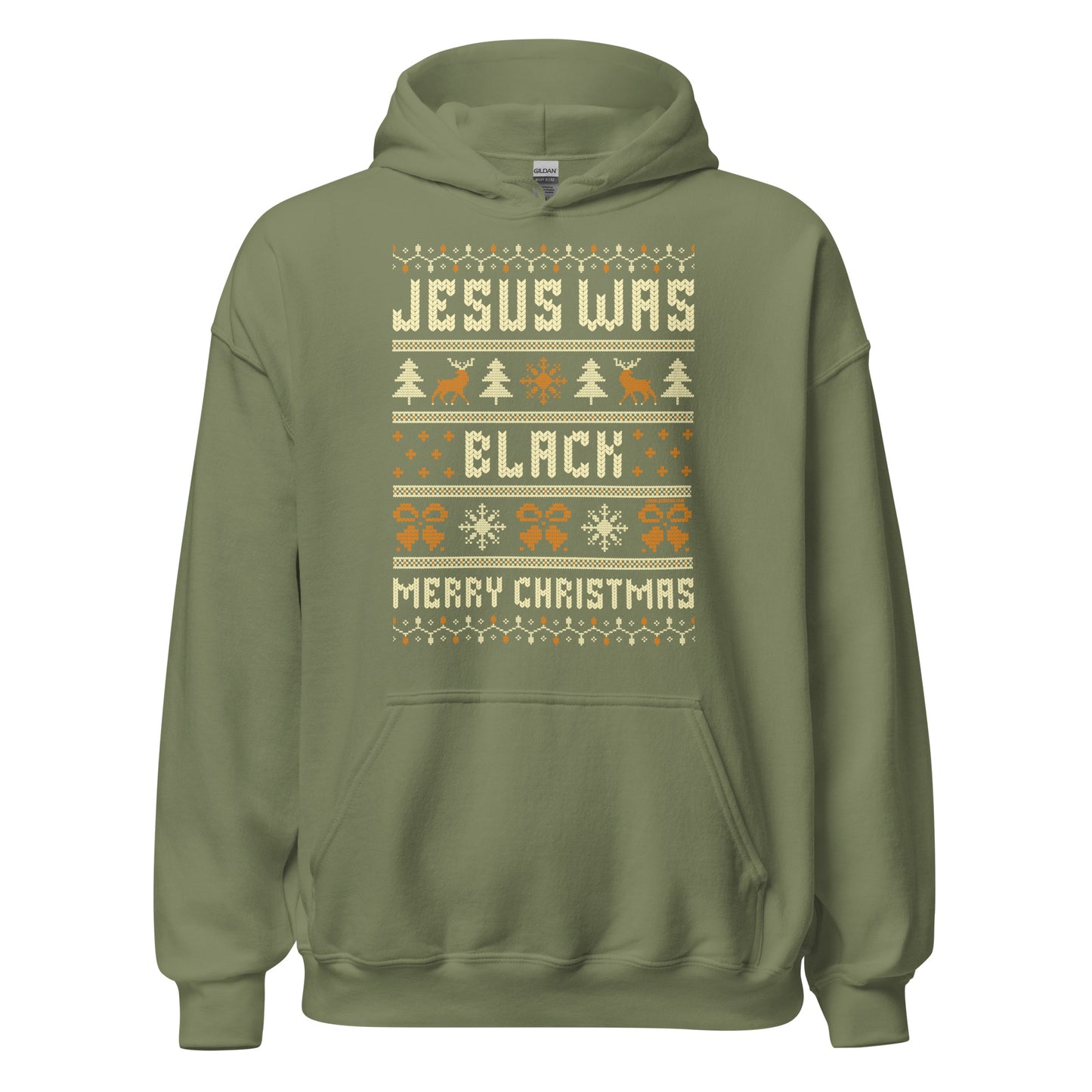 Sage green Jesus Was Black Merry Christmas Unisex Hoodie by TheBlackest Co., soft and bold hoodie for winter comfort and holiday pride.