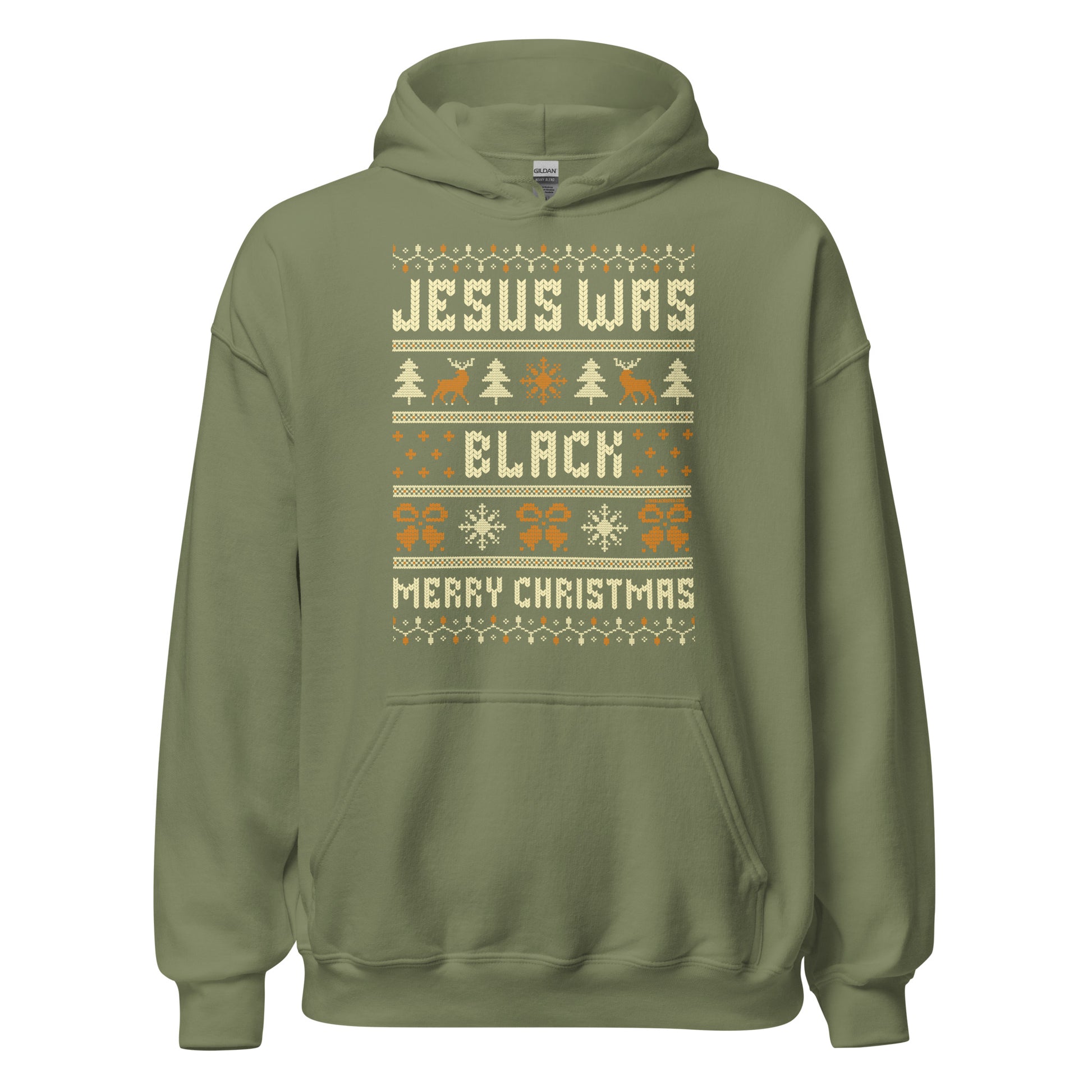 Sage green Jesus Was Black Merry Christmas Unisex Hoodie by TheBlackest Co., soft and bold hoodie for winter comfort and holiday pride.