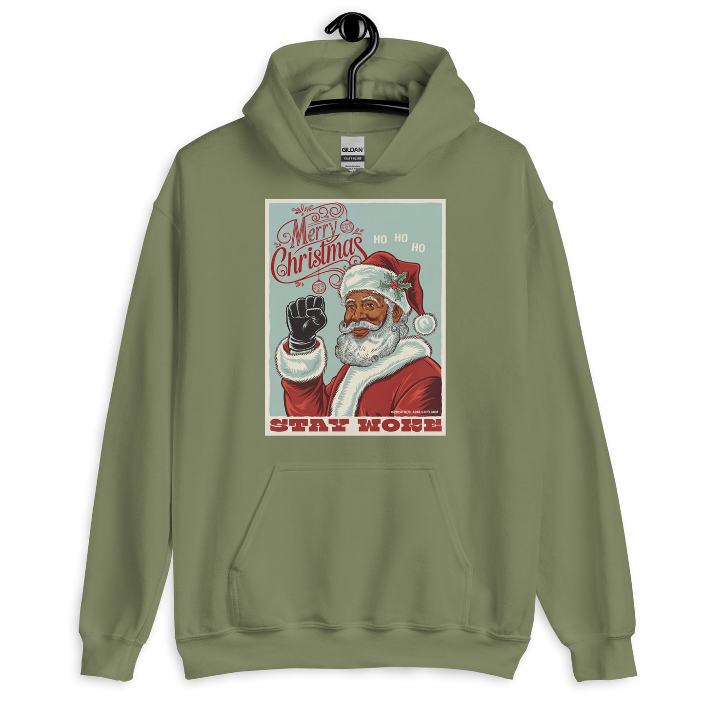 Olive green Black Santa Stay Woke Unisex Hoodie on hanger, merging earthy tones with festive cultural message for stylish winter wear.