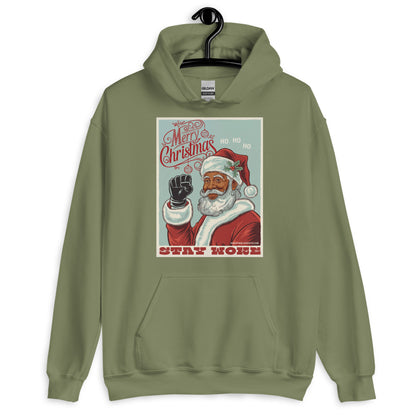 Olive green Black Santa Stay Woke Unisex Hoodie on hanger, merging earthy tones with festive cultural message for stylish winter wear.