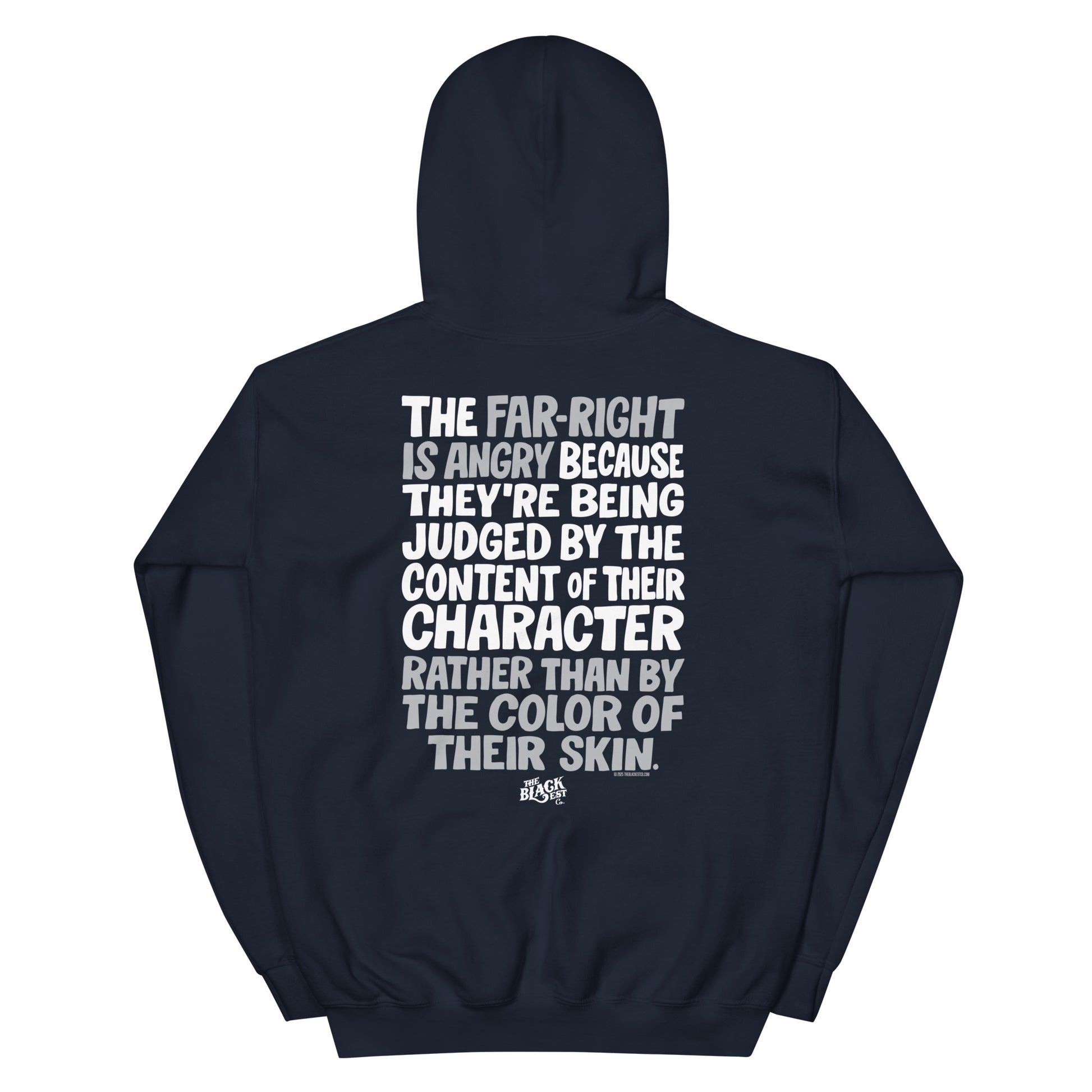 Navy Why The Far Right Is Angry Hoodie by TheBlackest Co. featuring bold white and gray back print quote on soft pullover streetwear.