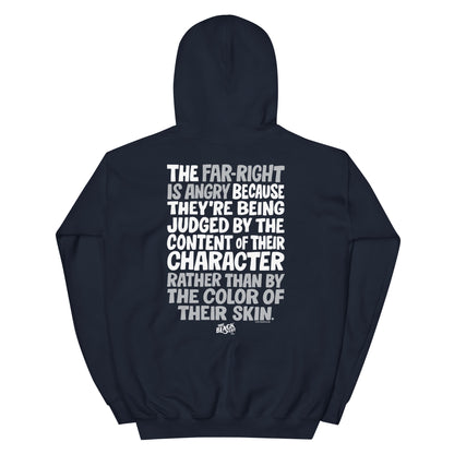 Navy Why The Far Right Is Angry Hoodie by TheBlackest Co. featuring bold white and gray back print quote on soft pullover streetwear.