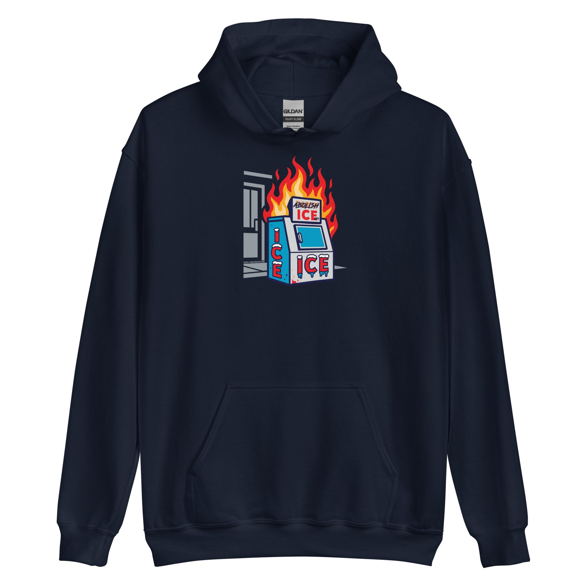 Navy Abolice ICE Unisex Pullover Hoodie featuring a flaming ICE machine graphic. Soft activist hoodie for bold streetwear statements.