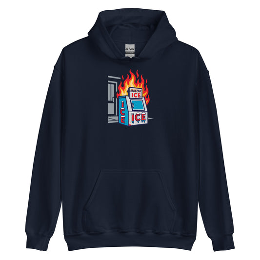 Navy Abolice ICE Unisex Pullover Hoodie featuring a flaming ICE machine graphic. Soft activist hoodie for bold streetwear statements.