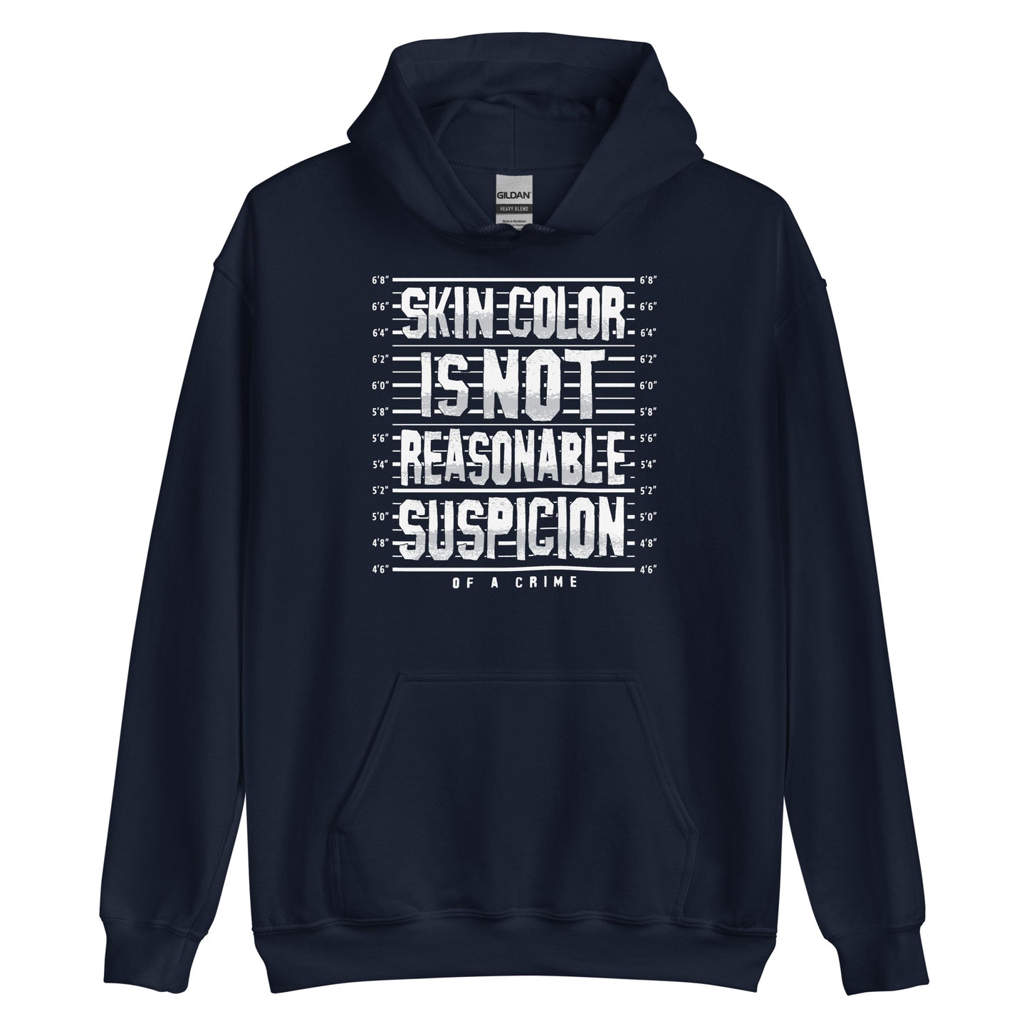 Navy blue Skin Color Is Not A Crime Unisex Hoodie by TheBlackest Co. with bold white lettering, ideal for cold weather and protest fashion.