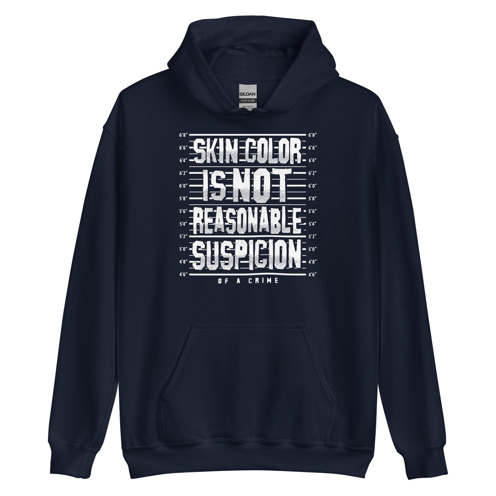 Navy blue Skin Color Is Not A Crime Unisex Hoodie by TheBlackest Co. with bold white lettering, ideal for cold weather and protest fashion.