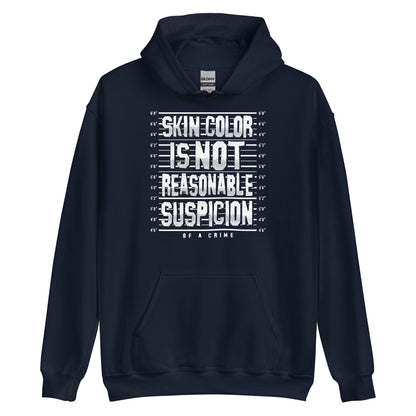 Navy blue Skin Color Is Not A Crime Unisex Hoodie by TheBlackest Co. with bold white lettering, ideal for cold weather and protest fashion.