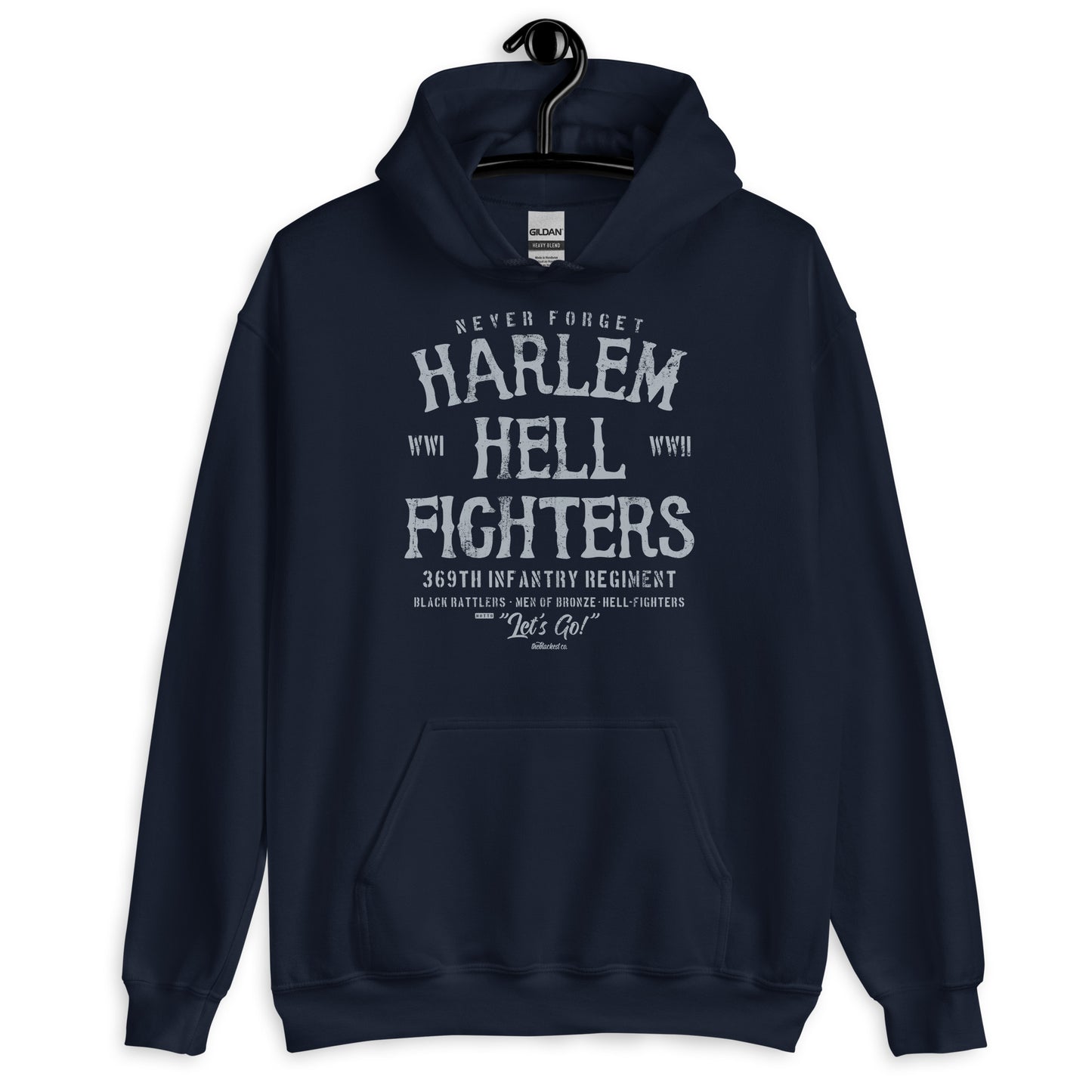 Navy Harlem Hellfighter Black Soldiers Staple Unisex Hoodie with bold front print honoring Black military heroes of WWI and WWII.