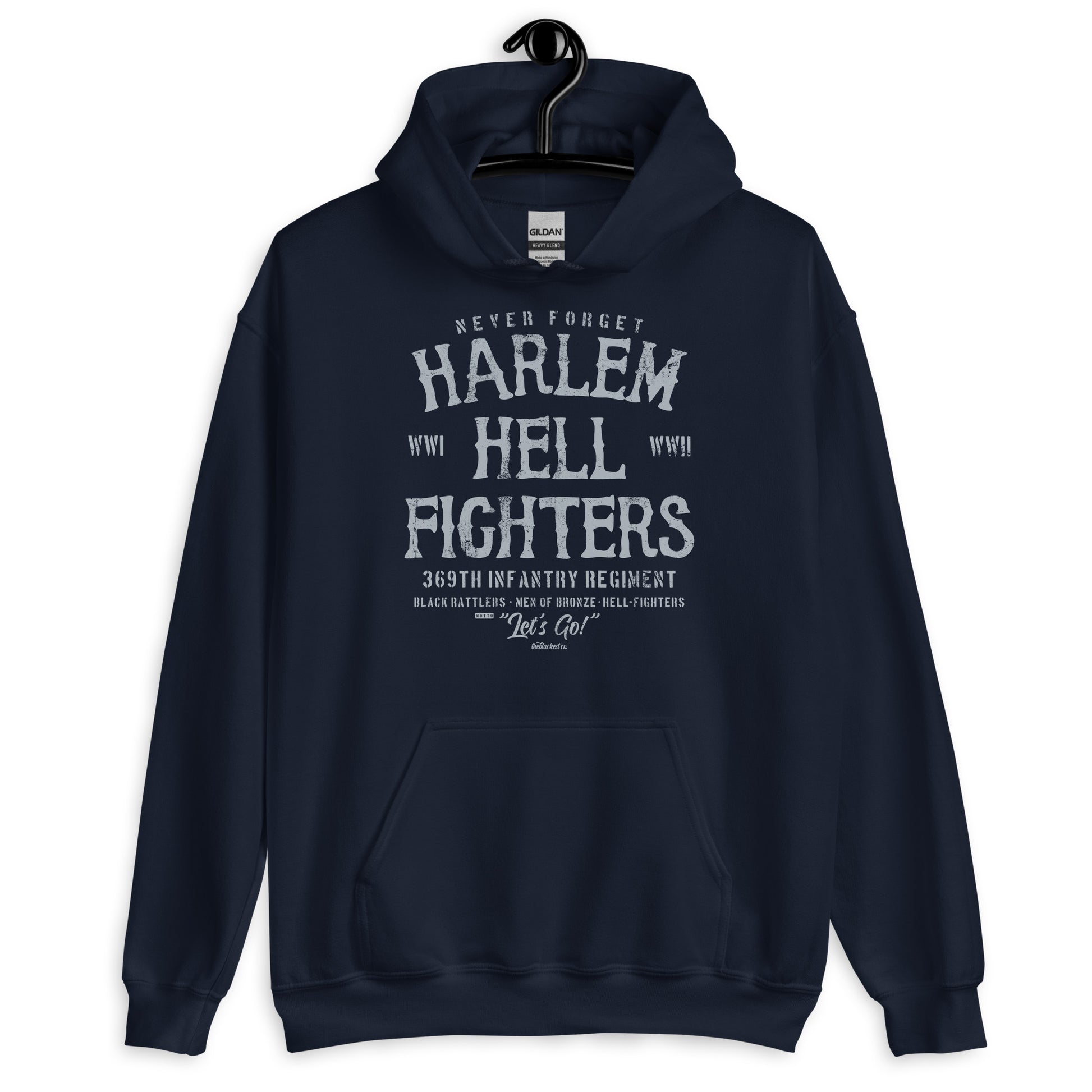 Navy Harlem Hellfighter Black Soldiers Staple Unisex Hoodie with bold front print honoring Black military heroes of WWI and WWII.