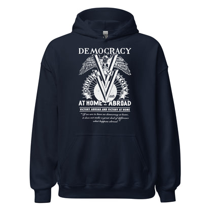 Navy blue Double V Campaign WWII Black Soldiers Hoodie with bold white print symbolizing Black soldiers' dual fight for freedom.