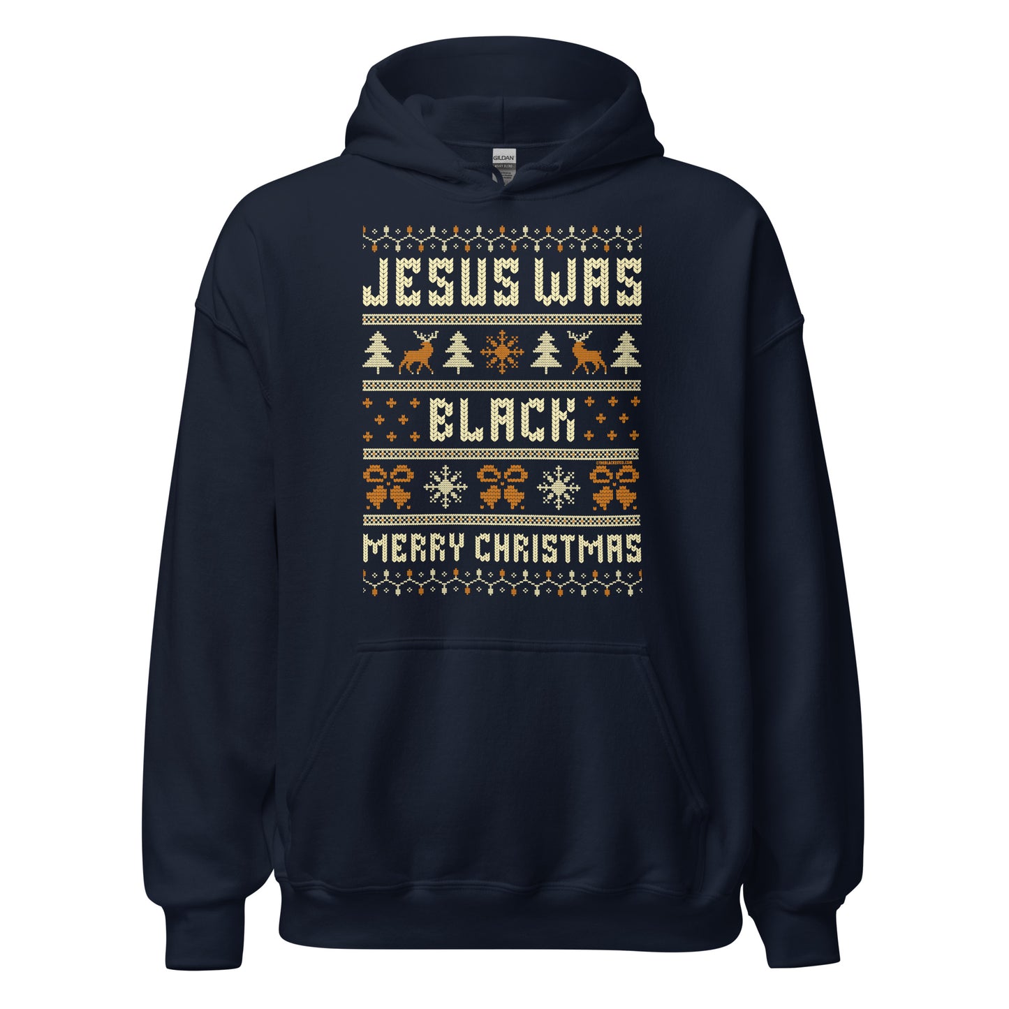 Navy blue Jesus Was Black Merry Christmas Unisex Hoodie by TheBlackest Co. with holiday-themed graphics and bold seasonal message.